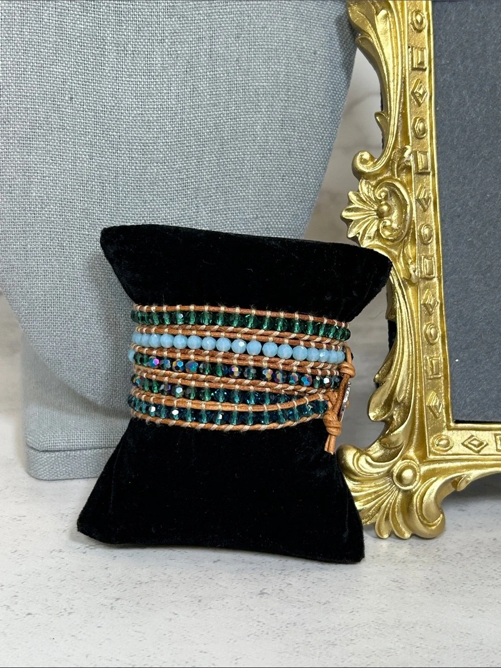 Multi-Strand Teal & Turquoise Crystal Wrap Bracelet with Brown Leather Cord